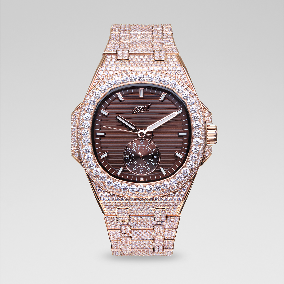 39MM Visionary Fully Iced Case & Chocolate Dial Watch - Rose Gold