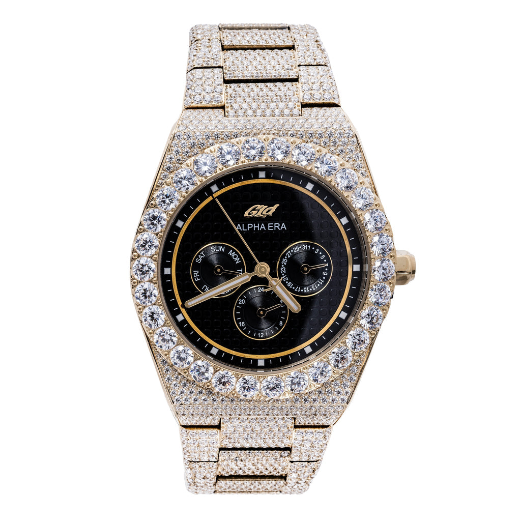 42mm Iced Alpha Era Moissanite in Gold Black Dial